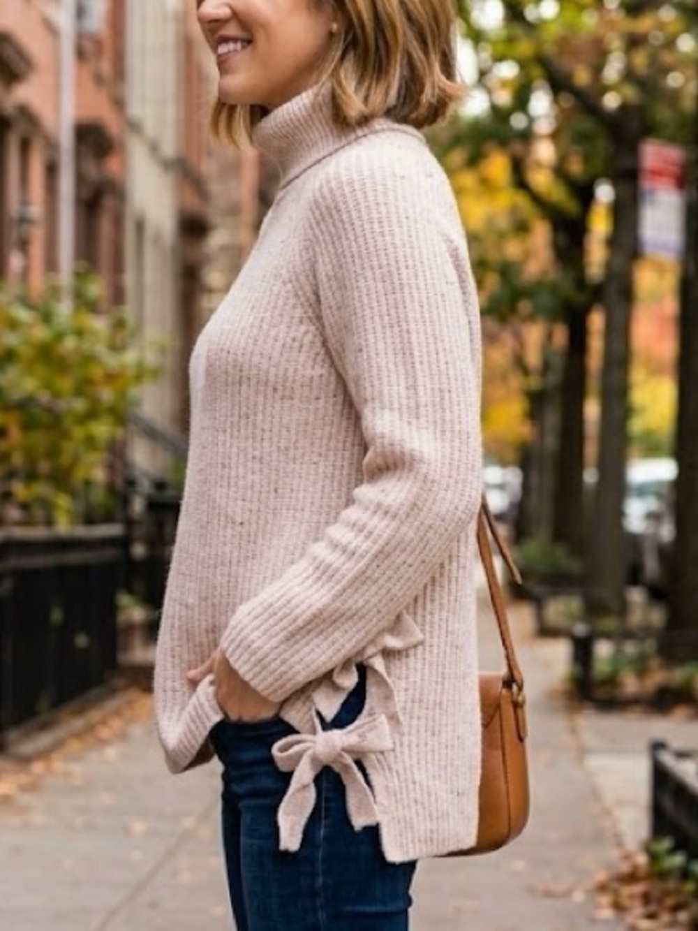 Andrea Jovine Oatmeal Knit Lightweight Sweater M Side Tie Bows Fall